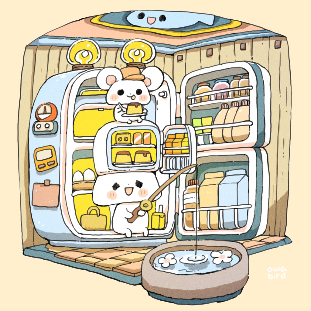 【ゆるかわ白Tシャツ】冷蔵庫の中でプリンと釣り。ねこ&ねずみちゃん