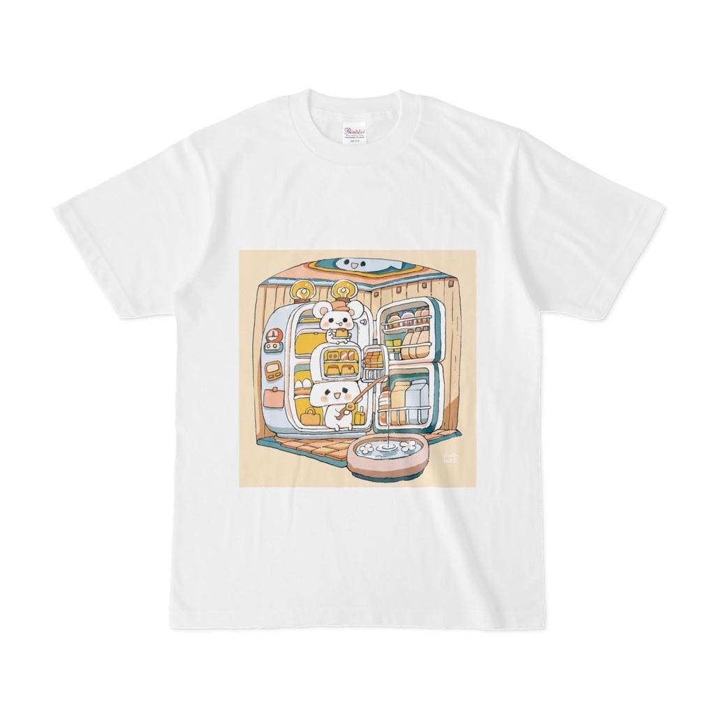 【ゆるかわ白Tシャツ】冷蔵庫の中でプリンと釣り。ねこ＆ねずみちゃん