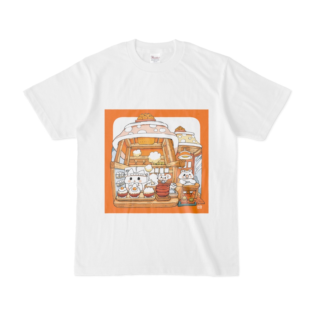 【ゆるかわ白Tシャツ】こたつ屋根の卵かけご飯専門店　ねこ＆ねずみちゃん
