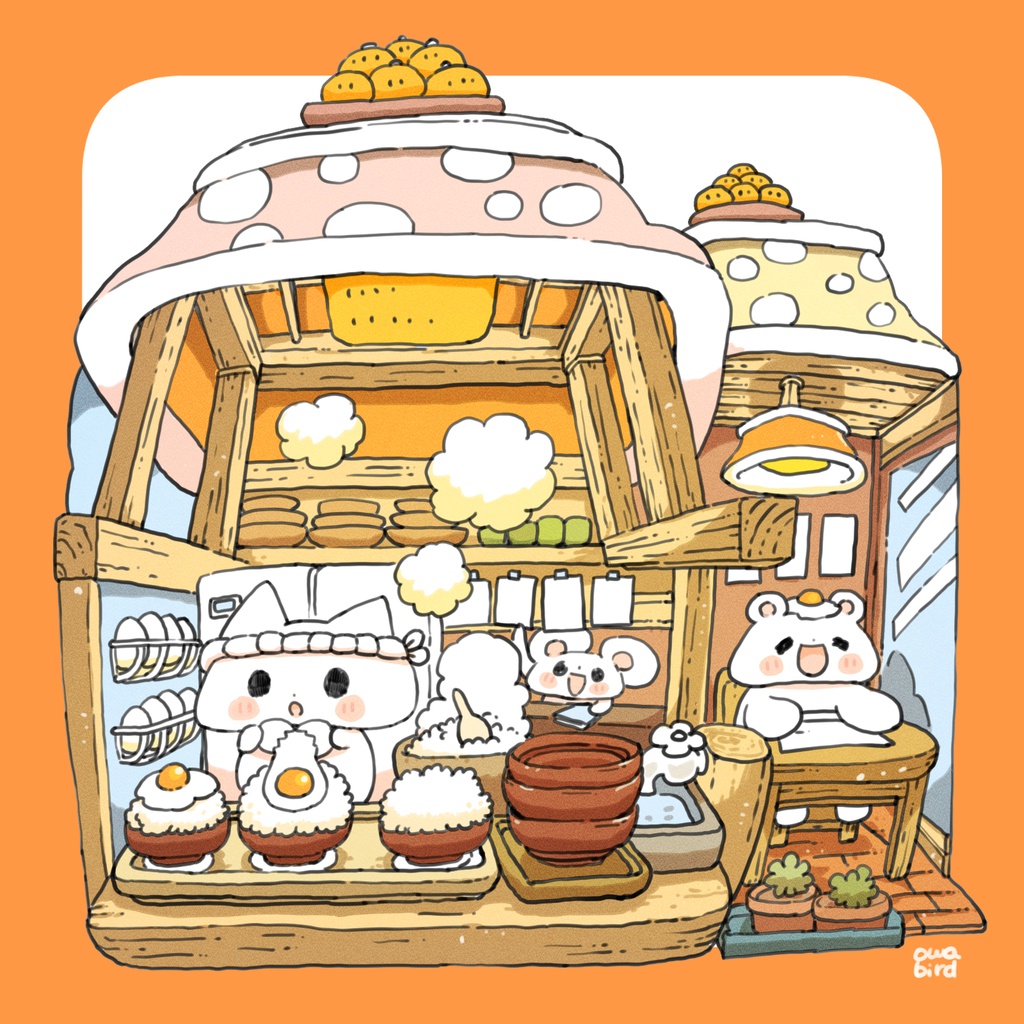 【ゆるかわ白Tシャツ】こたつ屋根の卵かけご飯専門店 ねこ&ねずみちゃん