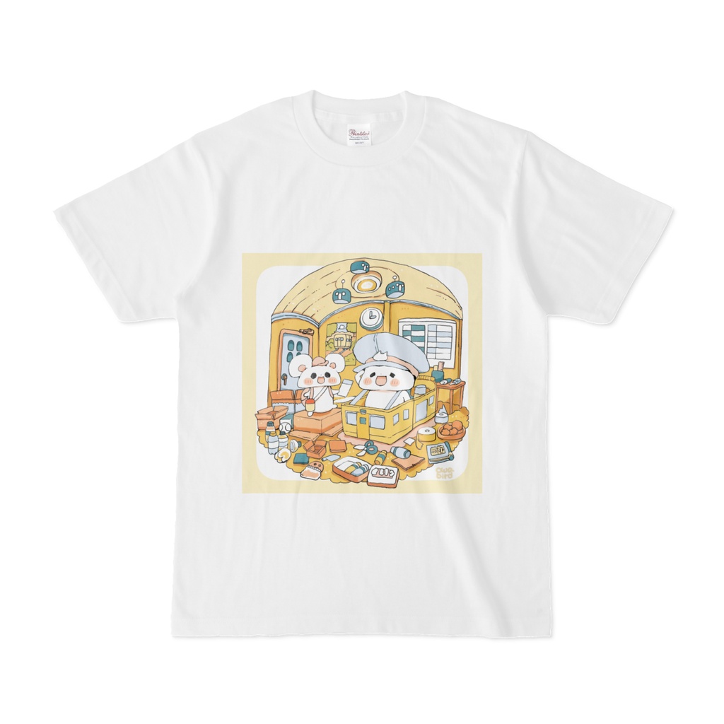 【ゆるかわ白Tシャツ】お部屋で電車の車掌さんごっこ　ねこ＆ねずみちゃん