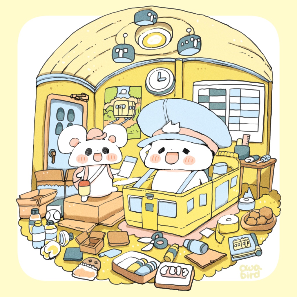 【ゆるかわ白Tシャツ】お部屋で電車の車掌さんごっこ ねこ&ねずみちゃん