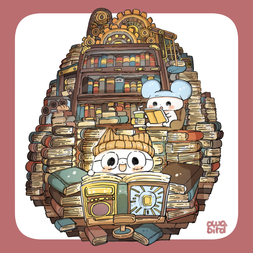 【ゆるかわ白Tシャツ】古い図書館と金の歯車 ねこ&ねずみちゃん