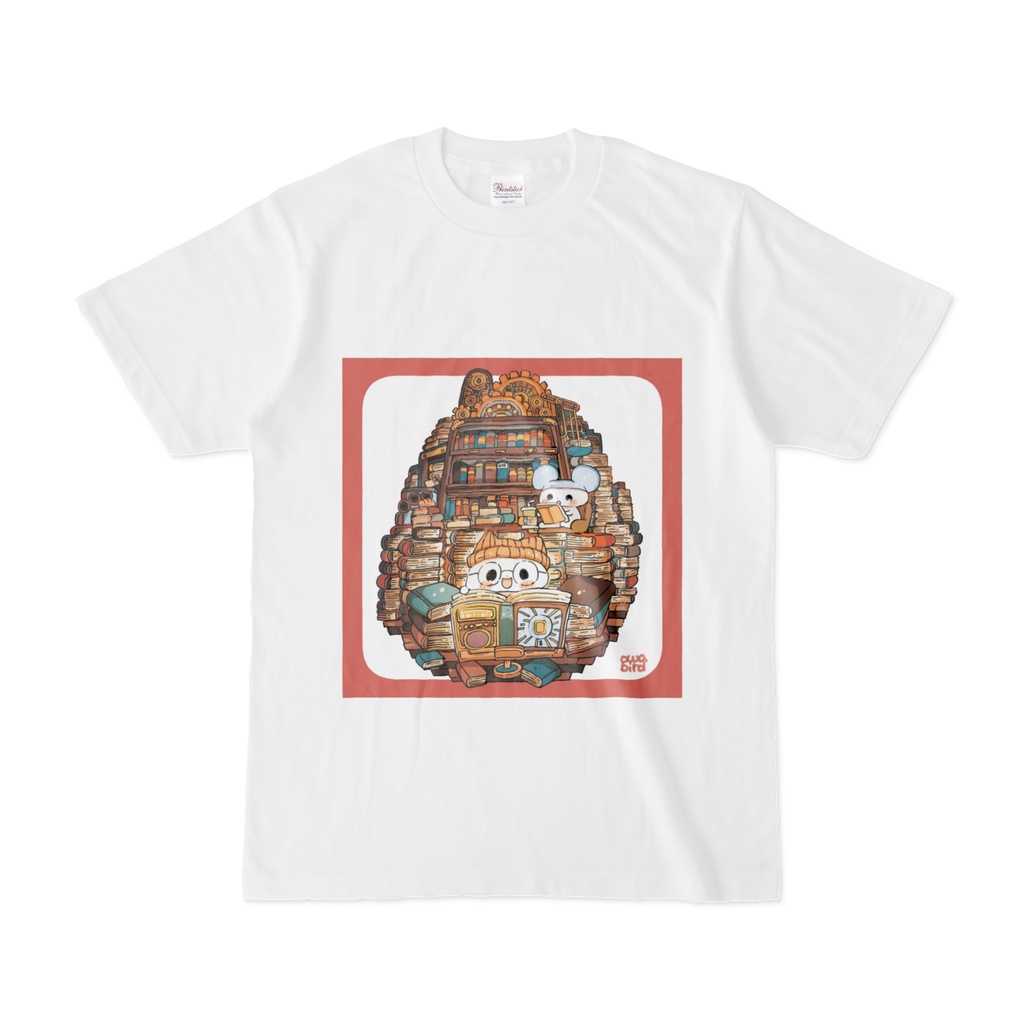 【ゆるかわ白Tシャツ】古い図書館と金の歯車　ねこ＆ねずみちゃん