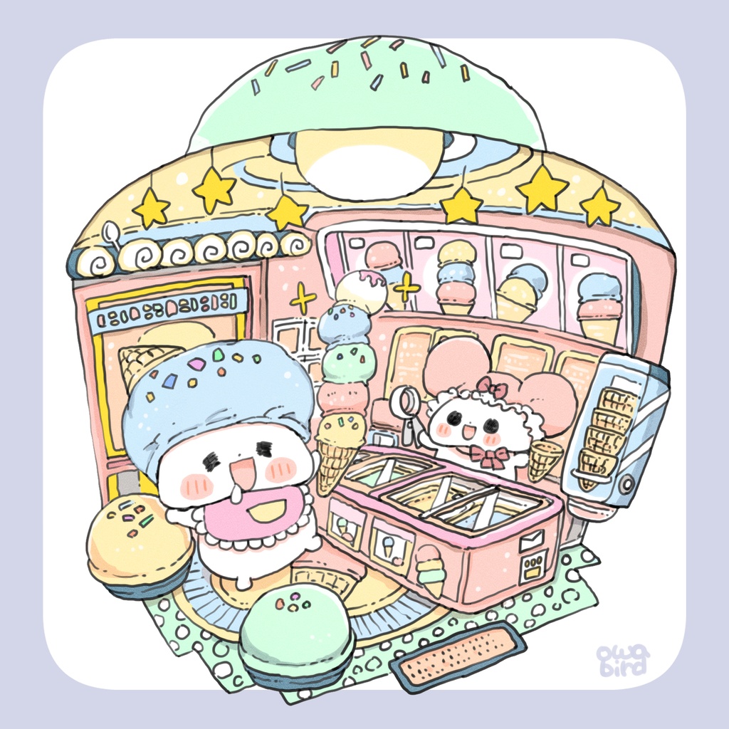 【ゆるかわ白Tシャツ】カラフルアイスクリーム屋さん ねこ&ねずみちゃん