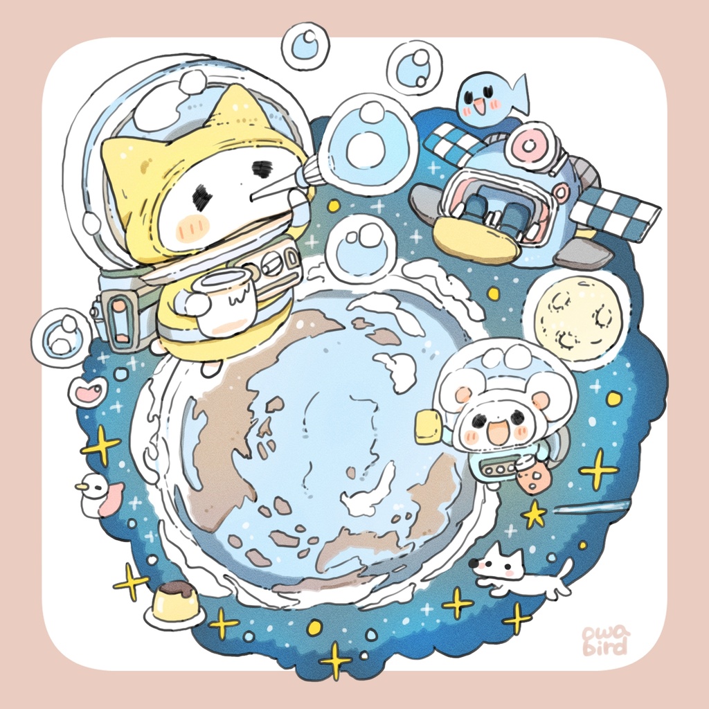 【ゆるかわ白Tシャツ】 宇宙でシャボン玉 ねこ&ねずみちゃん