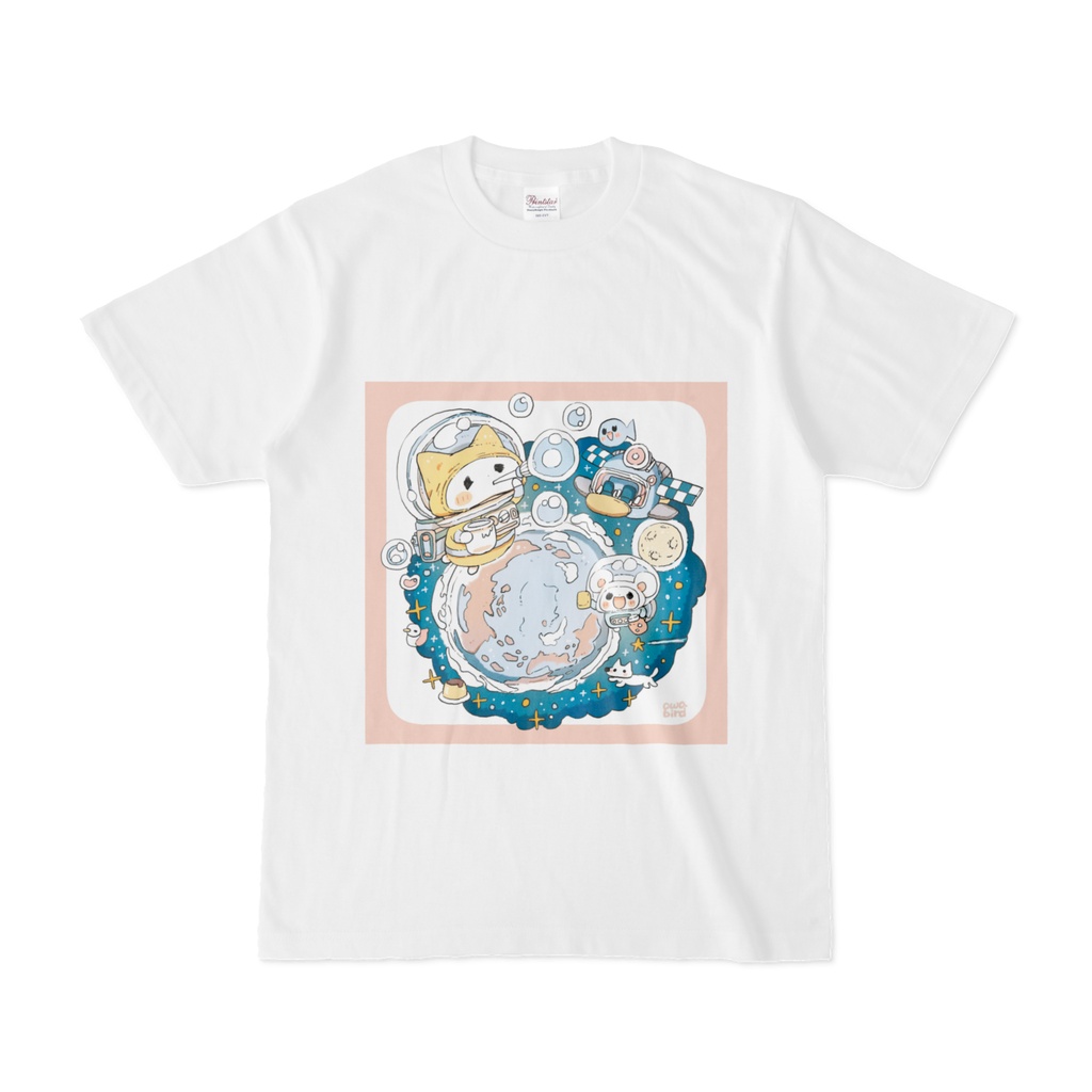 【ゆるかわ白Tシャツ】　宇宙でシャボン玉　ねこ＆ねずみちゃん