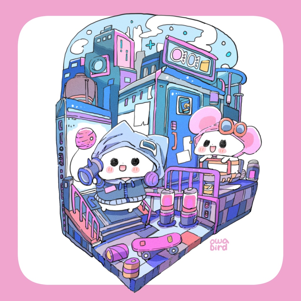 【ゆるかわ白Tシャツ】 けん玉サイバーパンク ねこ&ねずみちゃん