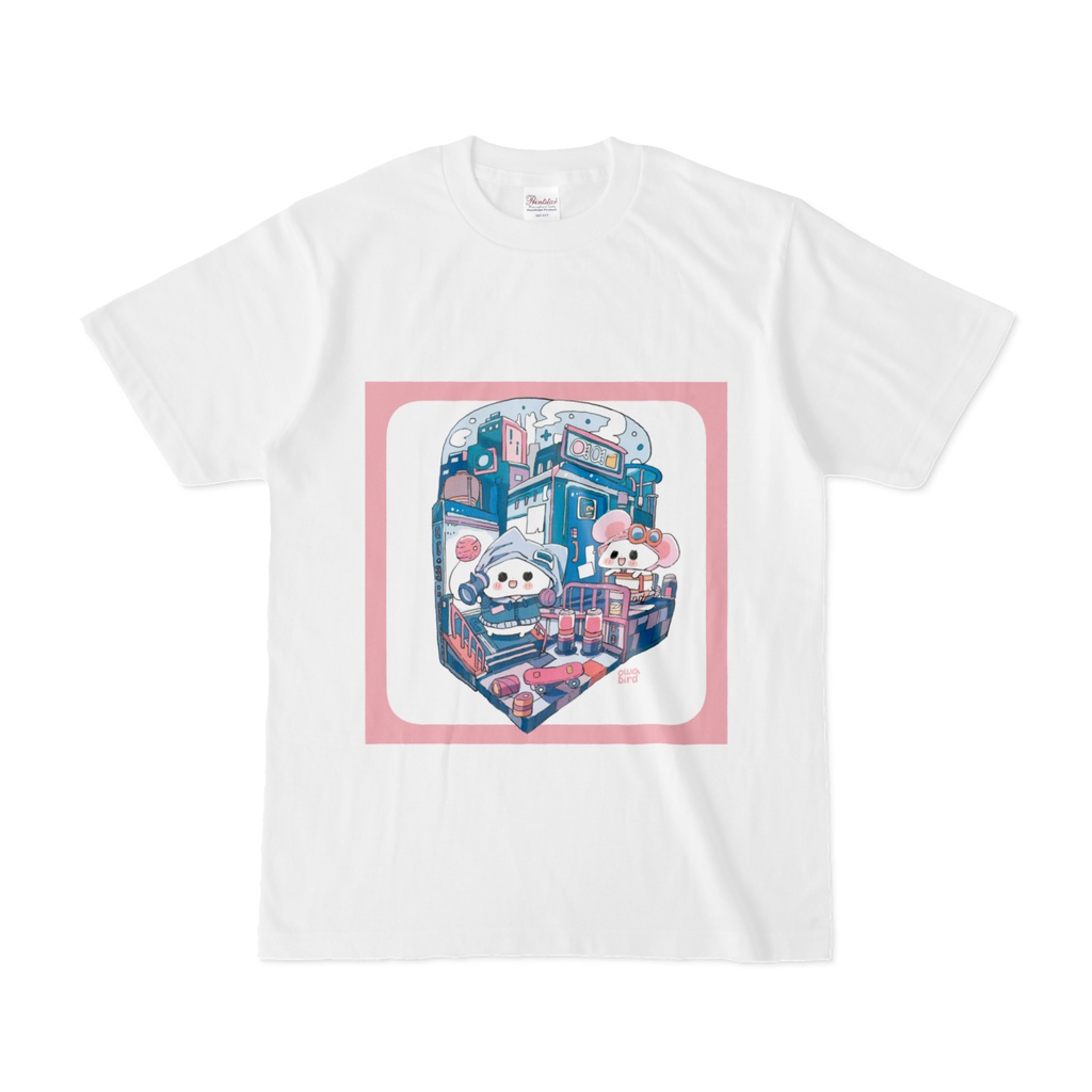 【ゆるかわ白Tシャツ】　けん玉サイバーパンク　ねこ＆ねずみちゃん