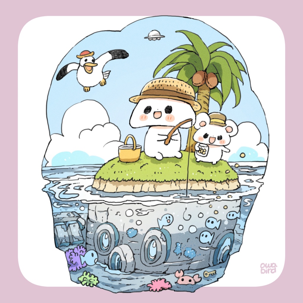 【ゆるかわ白Tシャツ】 古代巨像のあたま島 ねこ&ねずみちゃん