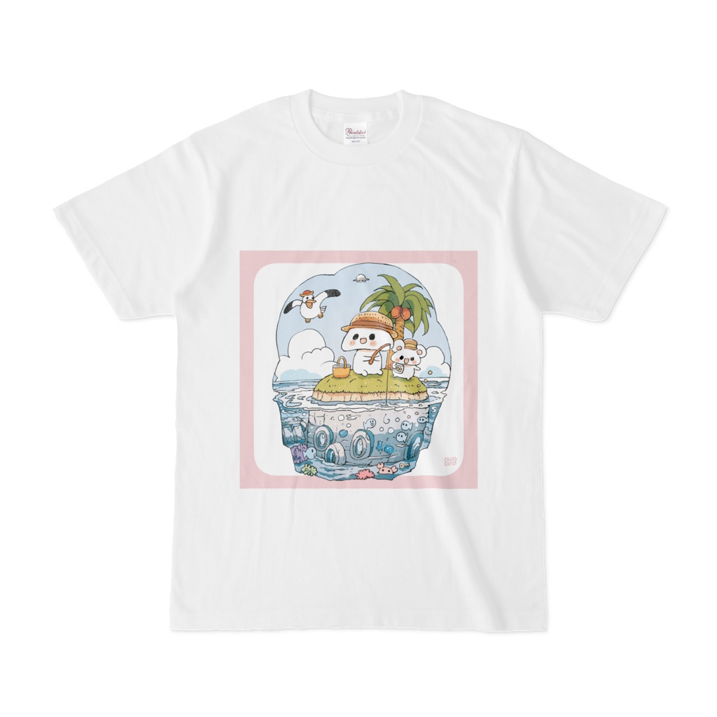 【ゆるかわ白Tシャツ】　古代巨像のあたま島　ねこ＆ねずみちゃん