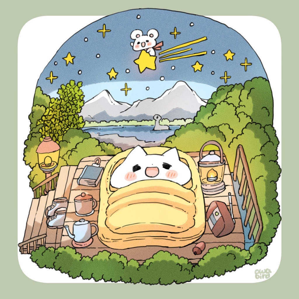 【ゆるかわ白Tシャツ】 星空のキャンプ ねこ&ねずみちゃん