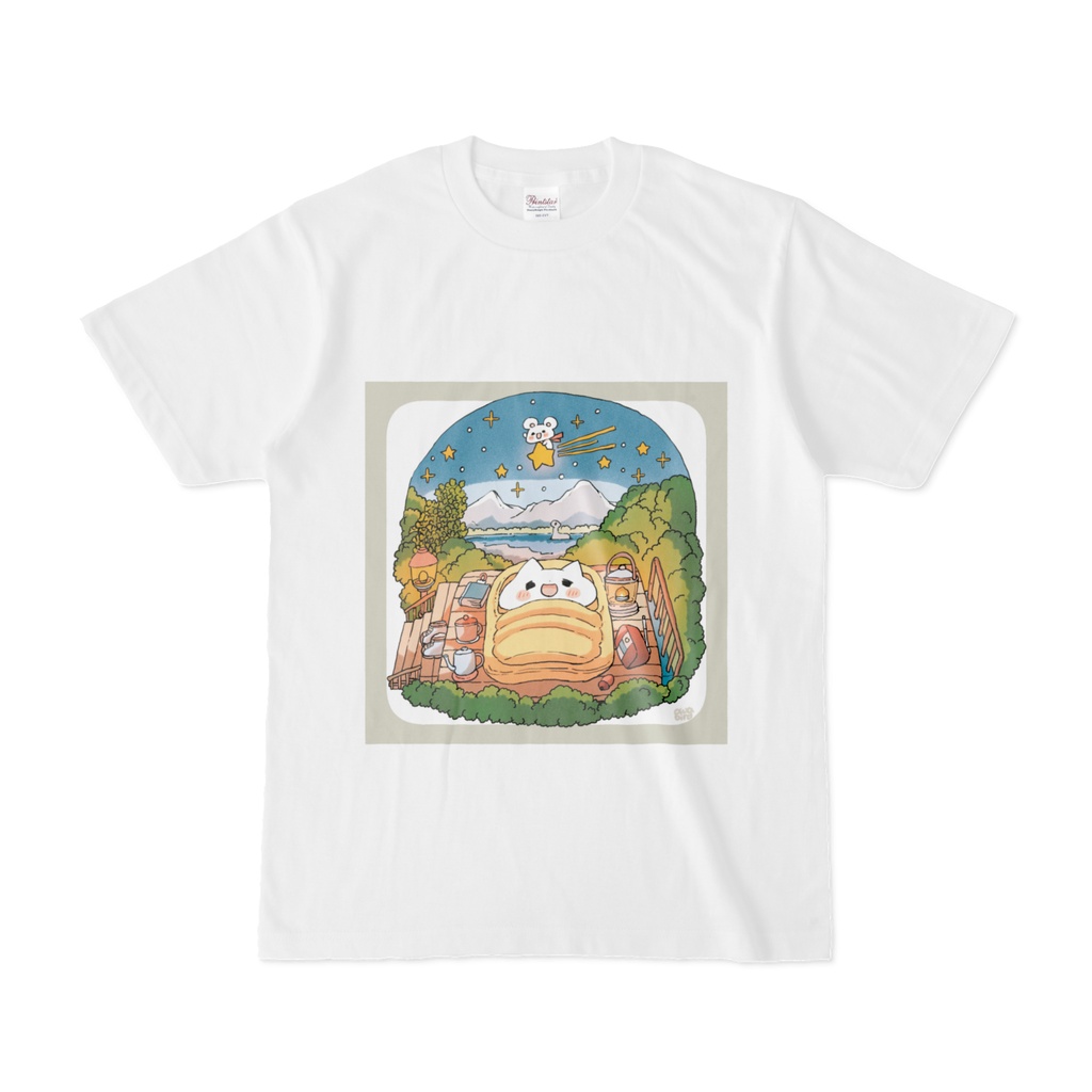 【ゆるかわ白Tシャツ】　星空のキャンプ　ねこ＆ねずみちゃん
