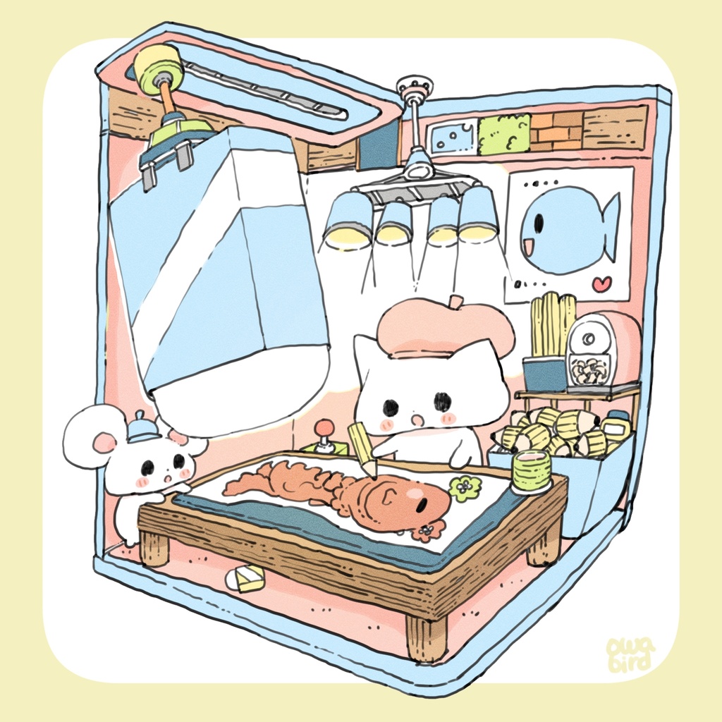 【ゆるかわ白Tシャツ】 巨大消しゴムスタンバイ ねこ&ねずみちゃん