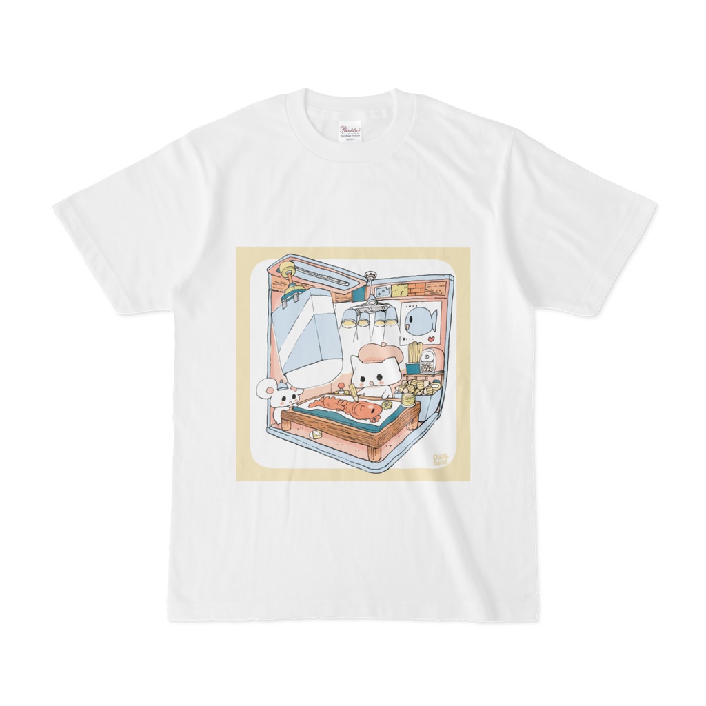 【ゆるかわ白Tシャツ】　巨大消しゴムスタンバイ　ねこ＆ねずみちゃん