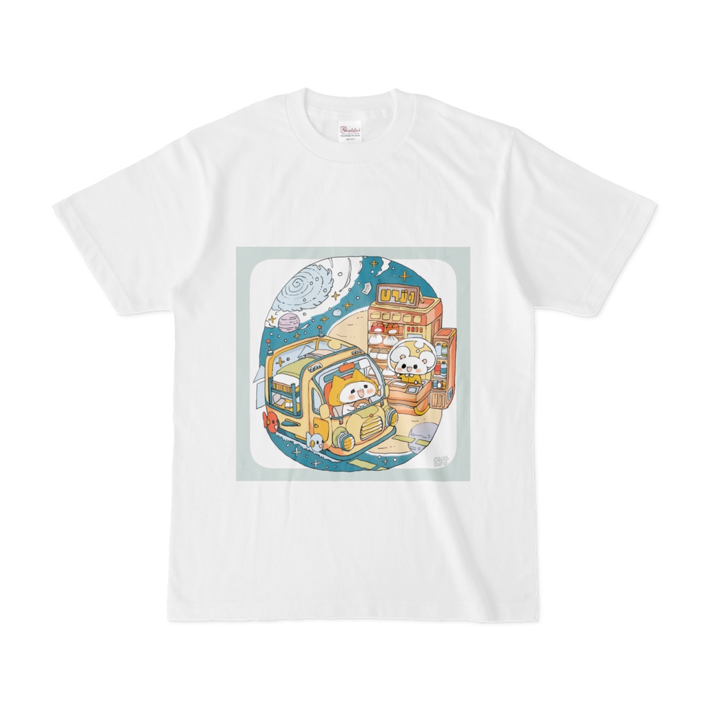 【ゆるかわ白Tシャツ】　宇宙コンビニとドライブ　ねこ＆ねずみちゃん