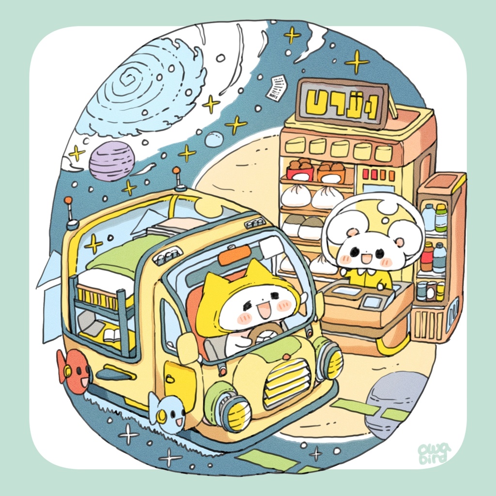 【ゆるかわ白Tシャツ】 宇宙コンビニとドライブ ねこ&ねずみちゃん