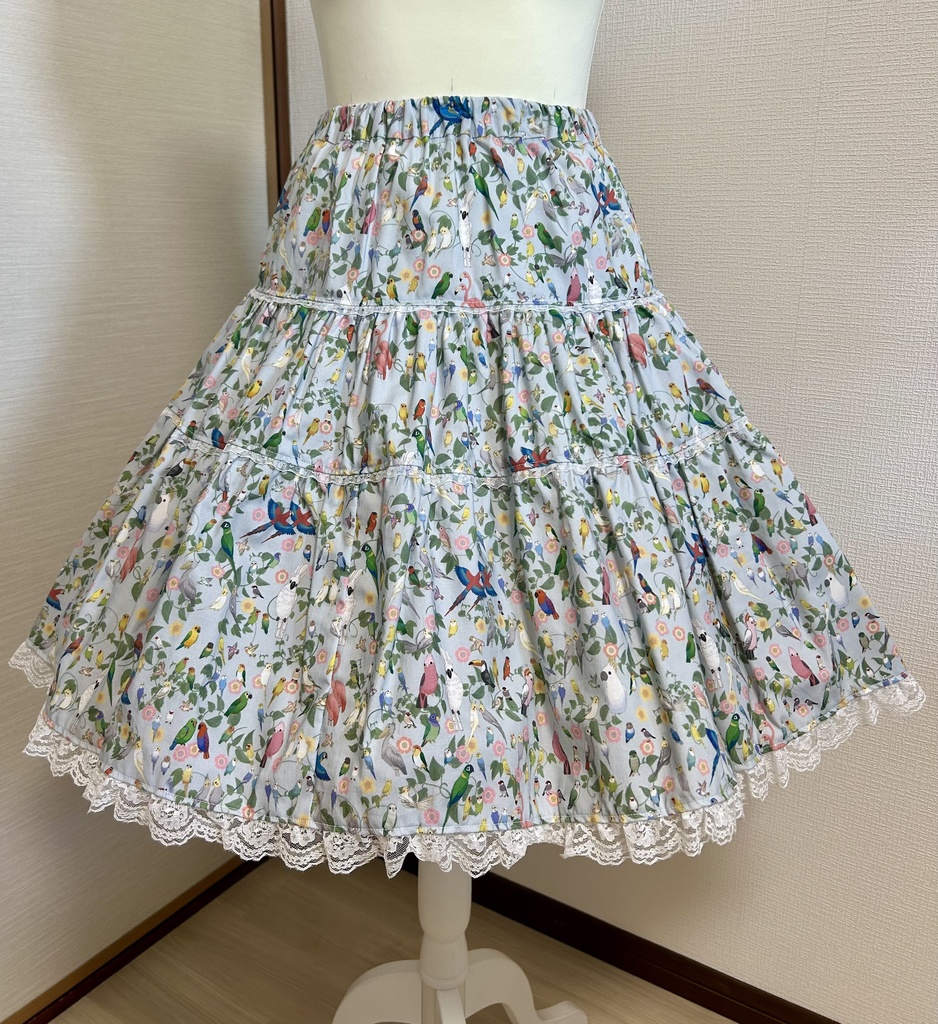 3段ティアードスカート　小鳥がいっぱい