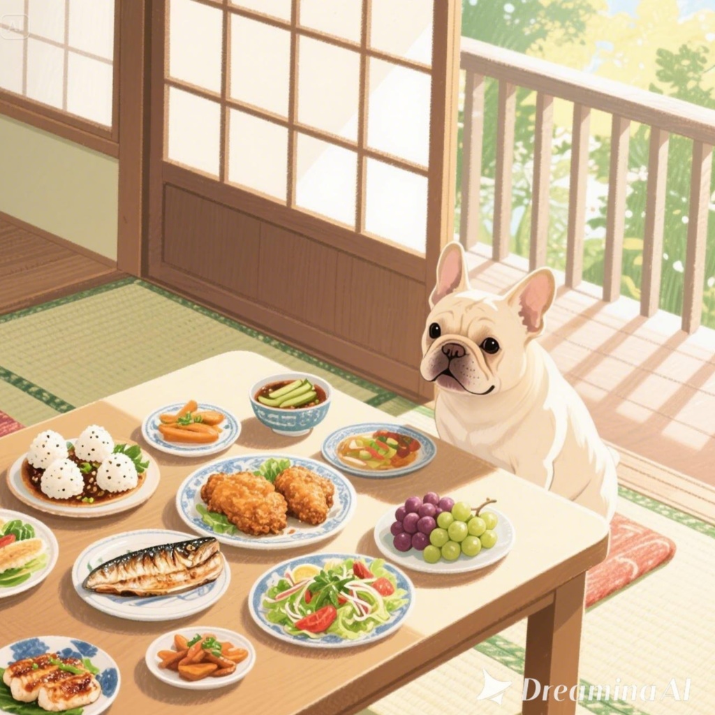 ばあちゃんちの夏　ごちそうとフレブル君