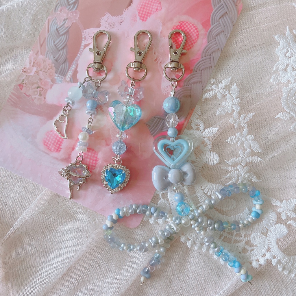 ✧*｡爽やかブルーなビーズリボンキーホルダー✧*｡ 3点セット