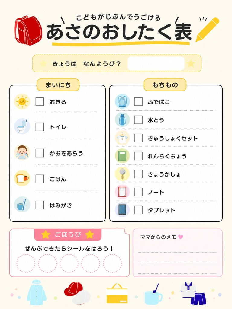3児ママが作った あさのおしたく表