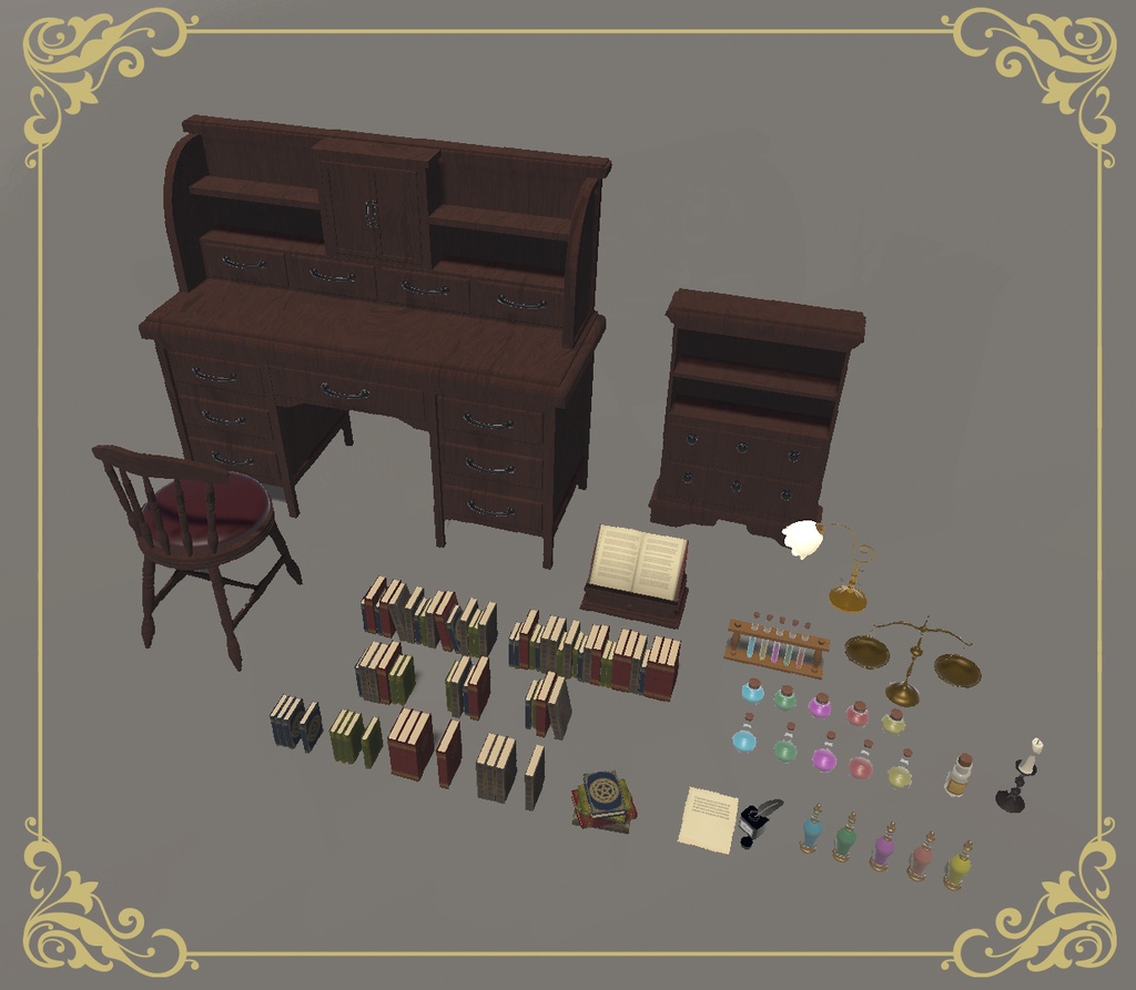 【3Dモデル】魔法使いの机&小物セット