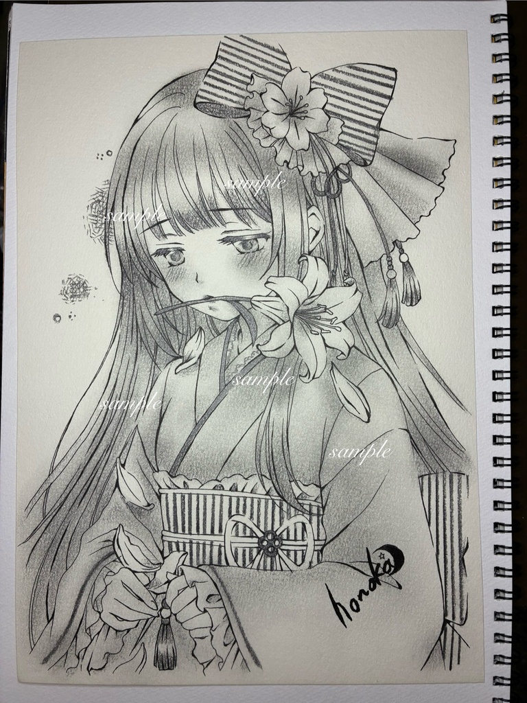 手描きイラストオリジナル少女✤白百合の君モノクロB5