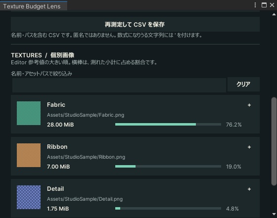 【Unity Editor】Texture Budget Lens|テクスチャ容量の目安・使用先を確認