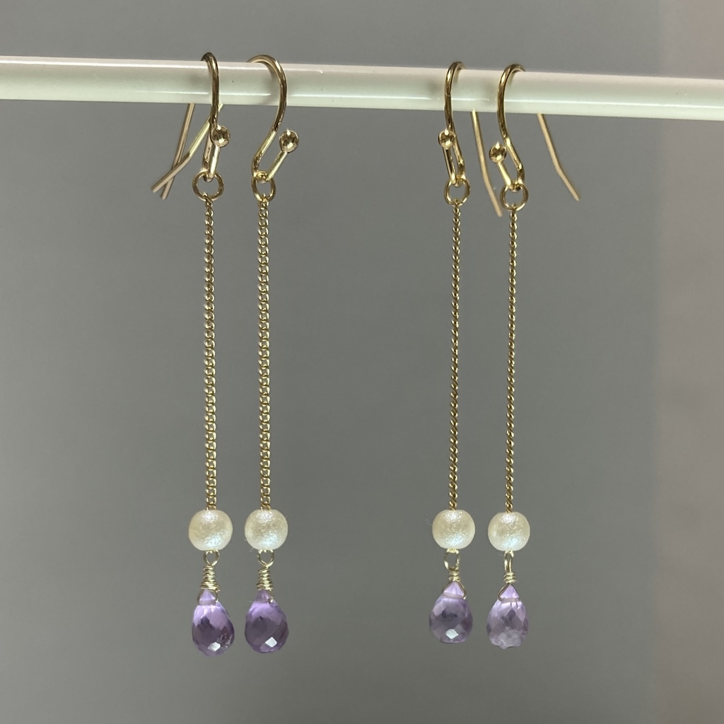 天然石とシュガーパールのピアス / イヤークリップ（紫）