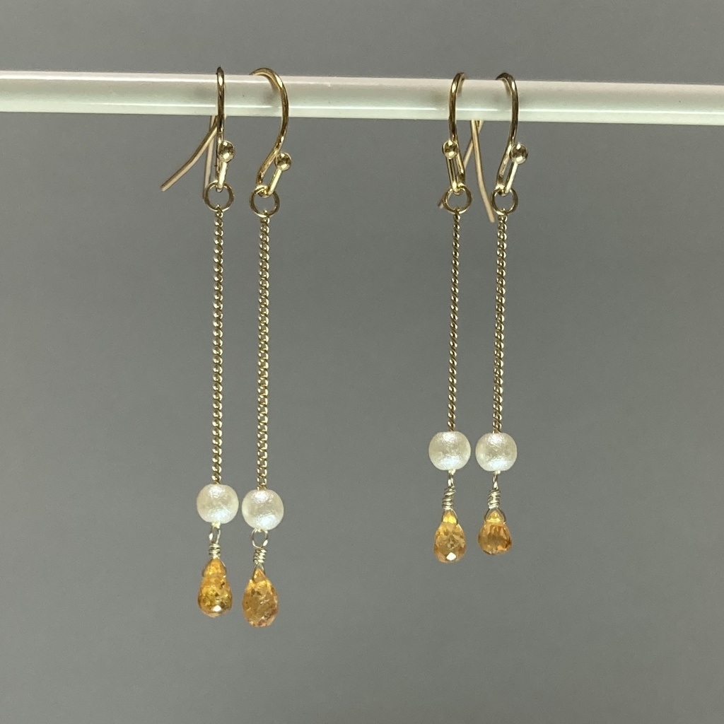 天然石とシュガーパールのピアス / イヤークリップ（橙）