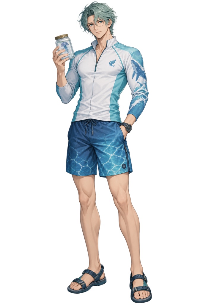 【夏の立ち絵】海硝子の研究者リオ｜全身透過PNG 1点
