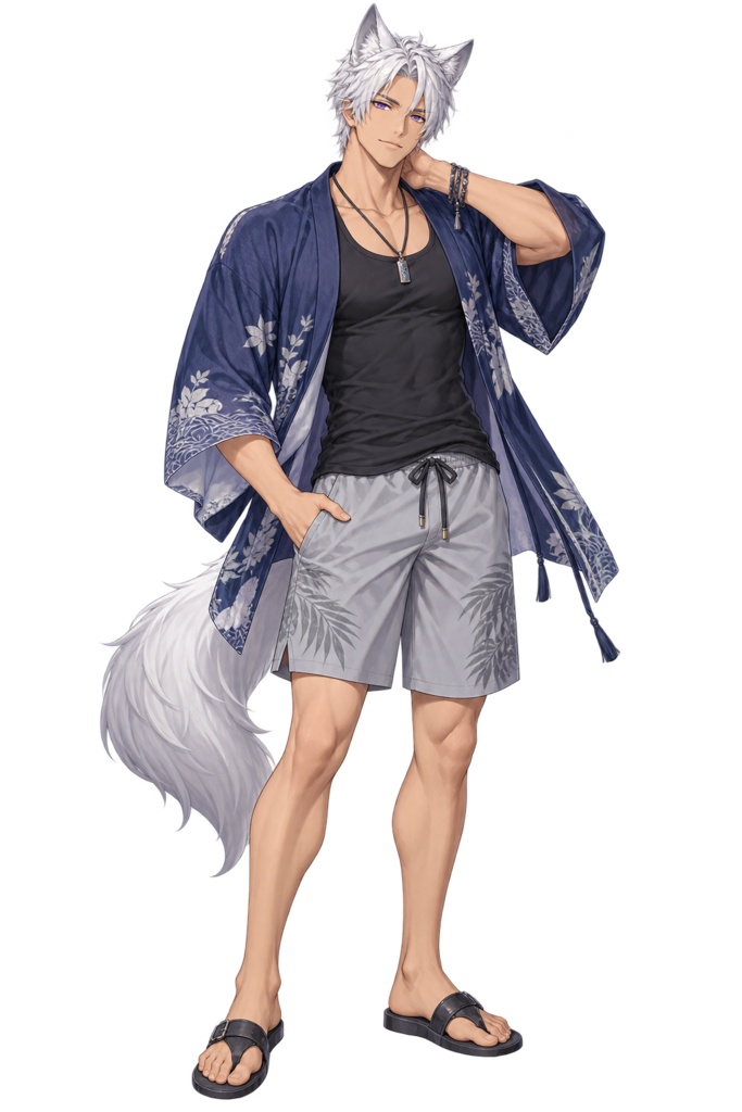 【夏の立ち絵】銀狐の浜歩きギン｜全身透過PNG 1点