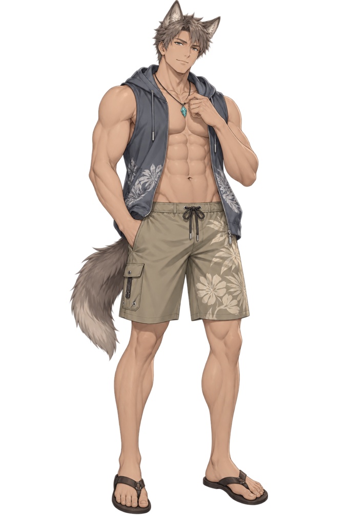 【夏の立ち絵】砂浜の狼青年ヴォルフ｜全身透過PNG 1点