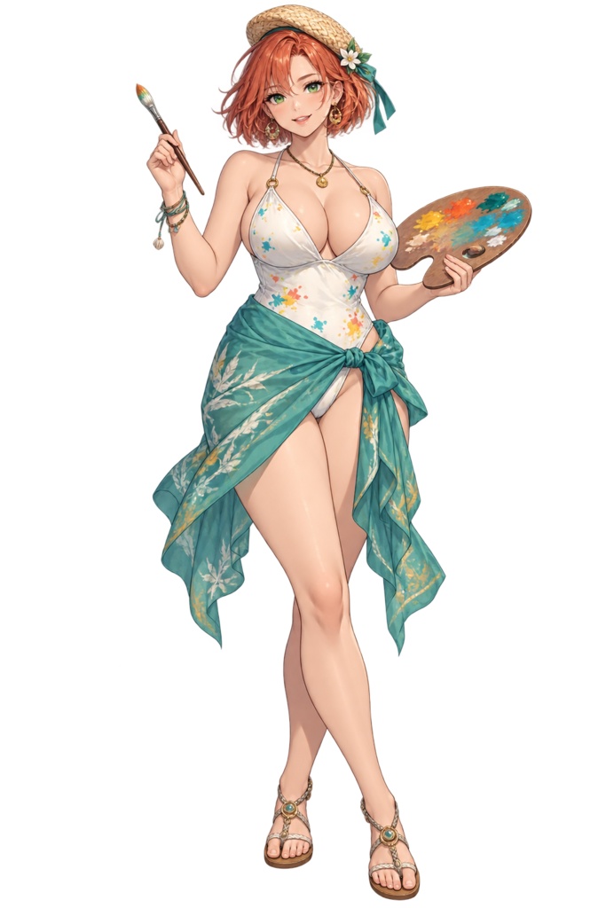 【夏の立ち絵】波彩の画家パレット｜全身透過PNG 1点