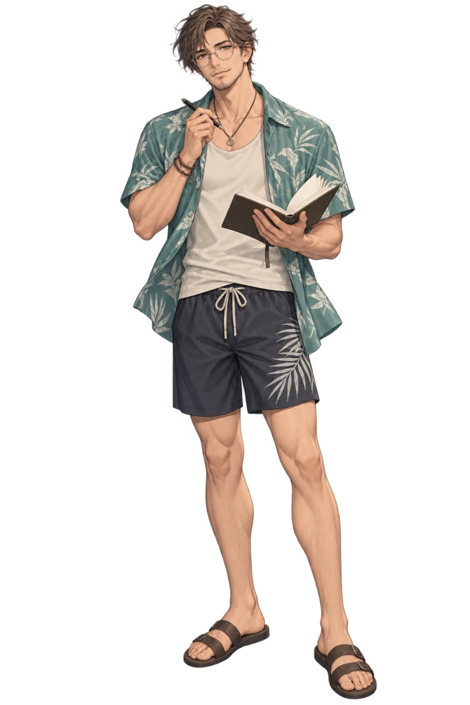 【夏の立ち絵】夏旅の小説家ユアン｜全身透過PNG 1点