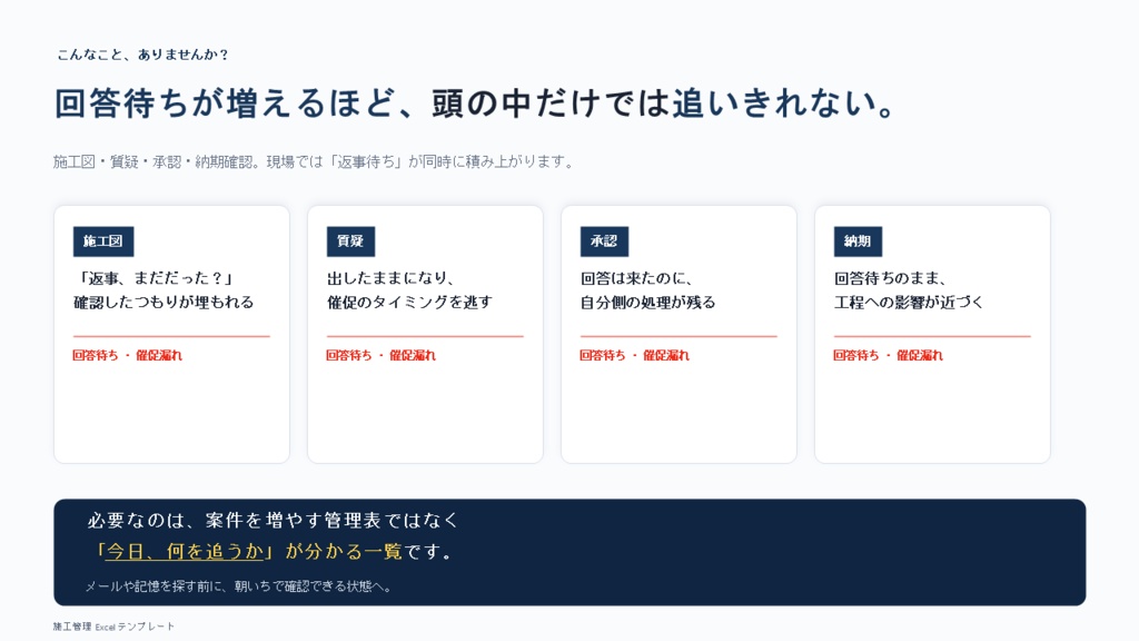 施工図・質疑・承認待ち管理Excel|今日、誰に何を催促するか一目で。