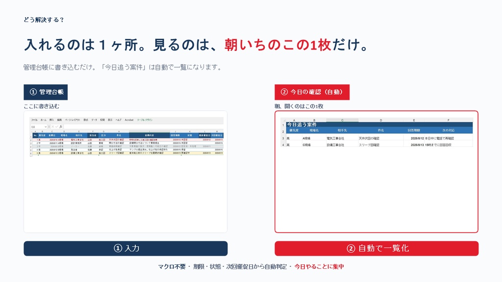 施工図・質疑・承認待ち管理Excel|今日、誰に何を催促するか一目で。
