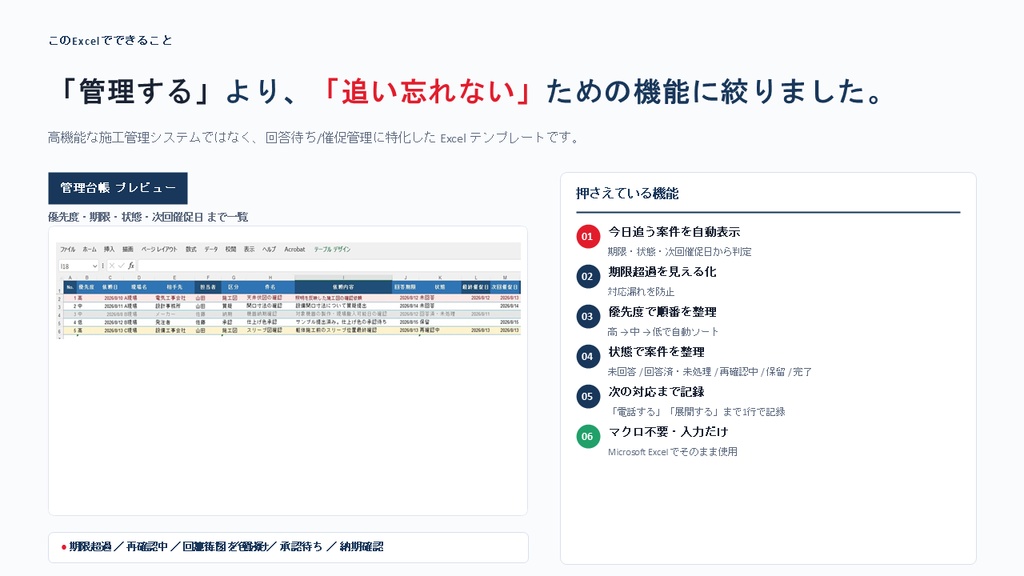 施工図・質疑・承認待ち管理Excel|今日、誰に何を催促するか一目で。