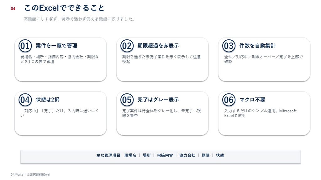 現場の是正・指摘事項を見える化|期限超過もひと目でわかる管理Excel