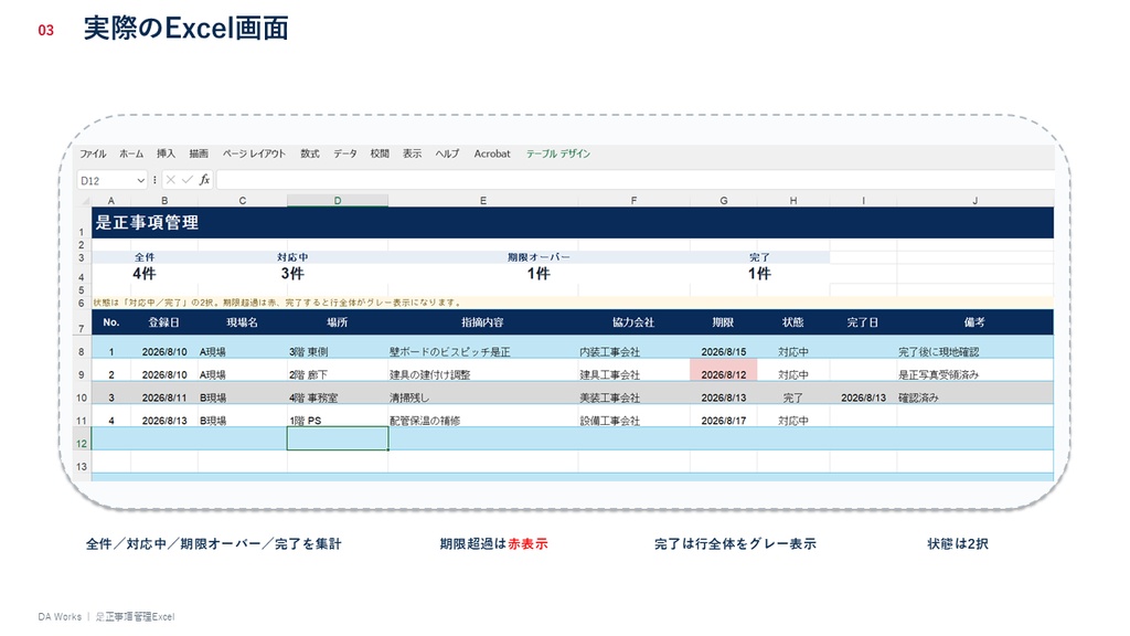 現場の是正・指摘事項を見える化|期限超過もひと目でわかる管理Excel