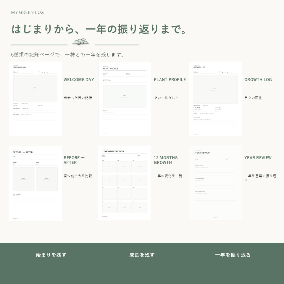 MY GREEN LOG|植物の成長を写真で残す1年フォトログ・記録テンプレート PDF