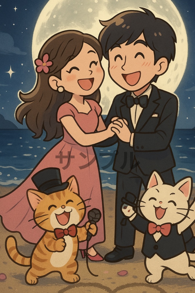 月夜に笑うふたりと猫たち