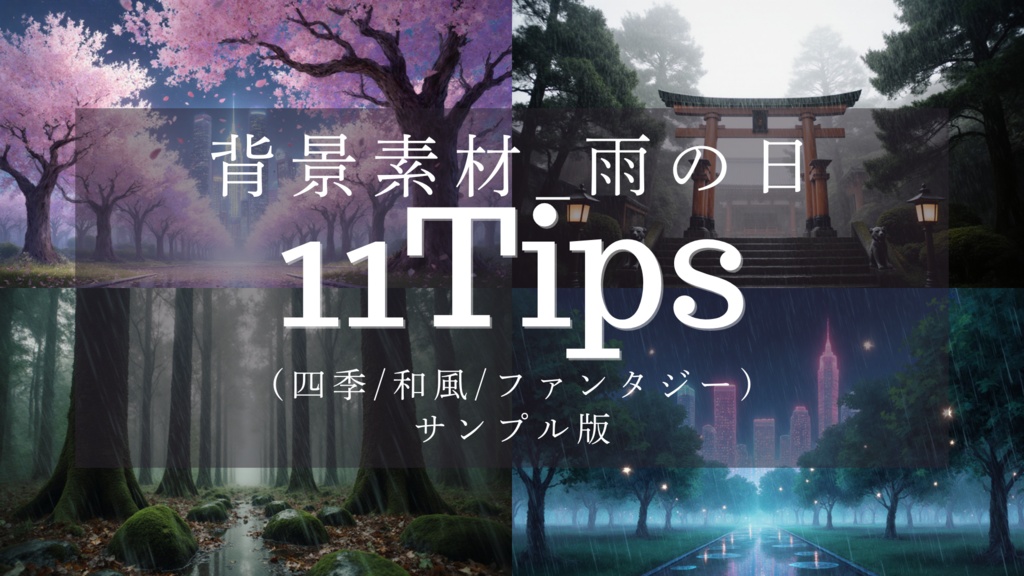 【背景素材11枚】雨と光の風景｜神社／森／都市夜景（FHD・商用可）