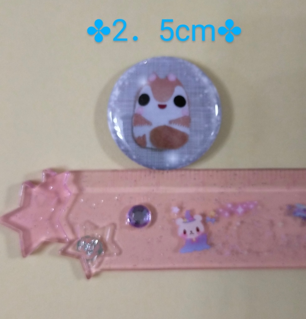 缶バッジ。 ✤picyamo*(ぴちゃモ。)(。•ө•。)があそんでつくったエゾモモンガふう。フェルトマスコットをプリントした作品商品。☆2点〜でもご購入可能☆