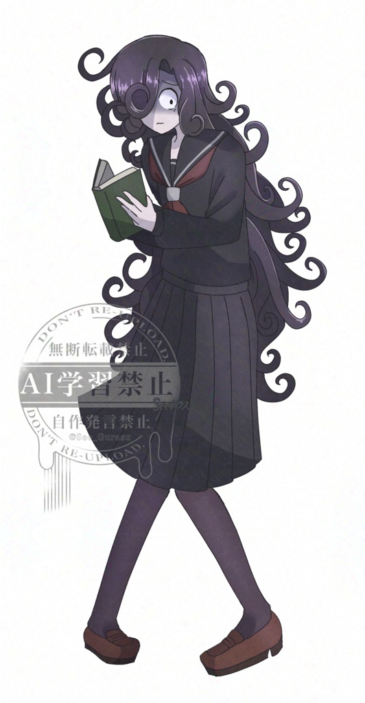 TRPG立ち絵素材_黒髪_ロングヘアー_癖っ毛_セーラー服_ギョロ目