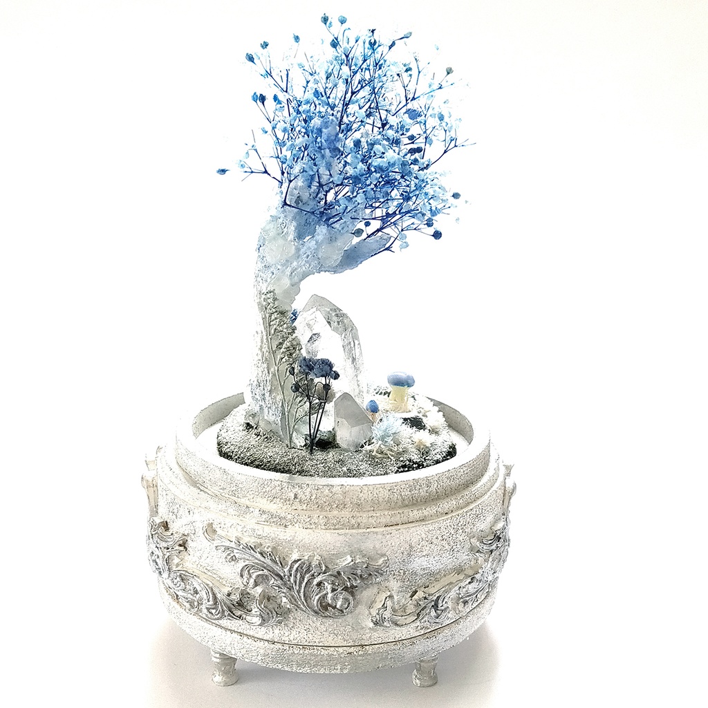 【期間限定・冬】鉱物ランプ『結晶樹と青い花』中・水晶・リモコン切替点灯