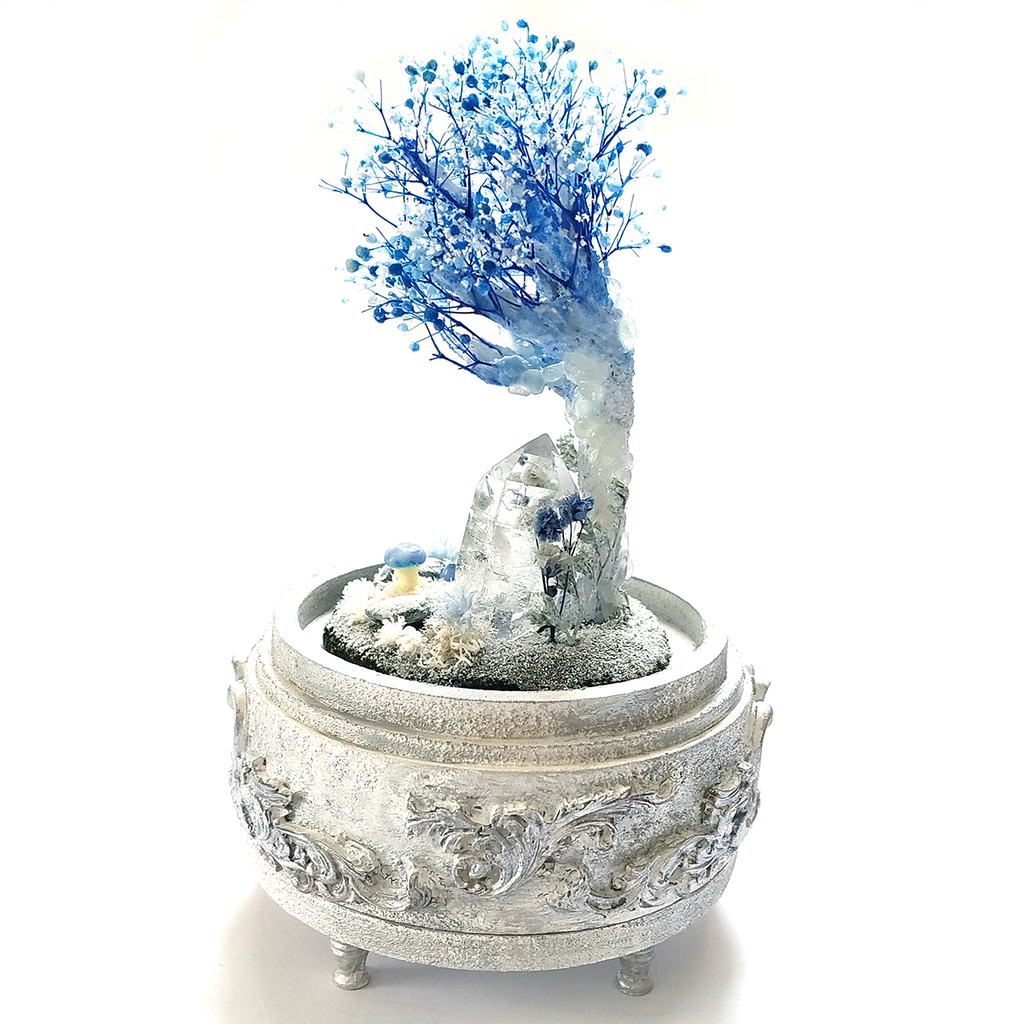 【期間限定・冬】鉱物ランプ『結晶樹と青い花』中・水晶・リモコン切替点灯
