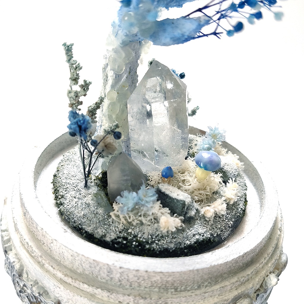 【期間限定・冬】鉱物ランプ『結晶樹と青い花』中・水晶・リモコン切替点灯