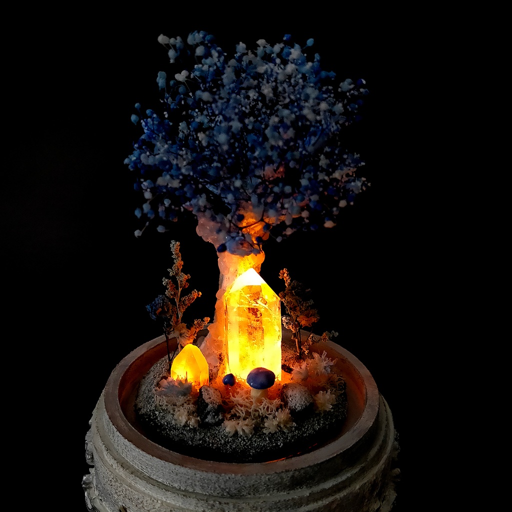 【期間限定・冬】鉱物ランプ『結晶樹と青い花』中・水晶・リモコン切替点灯