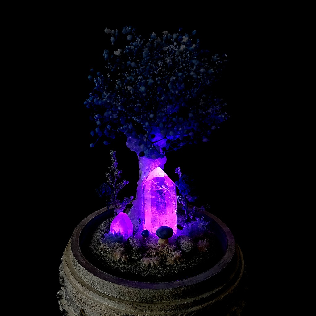 【期間限定・冬】鉱物ランプ『結晶樹と青い花』中・水晶・リモコン切替点灯